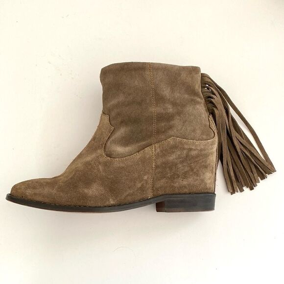 Zara Shoes - Zara Trafaluc Brown Suede Wedged Ankle Fringe Booties sz 9 Boho Festival western